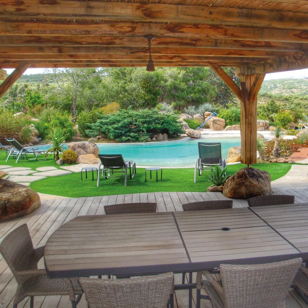Piscine avec terrasse couverte et jardin